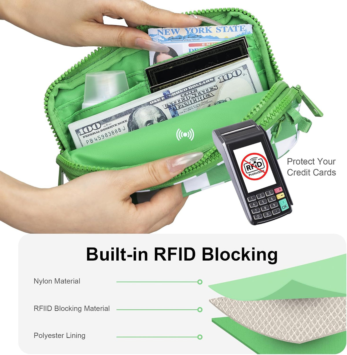 Wristlet wallets for Women RFID crossbody bags with 4 Zippers