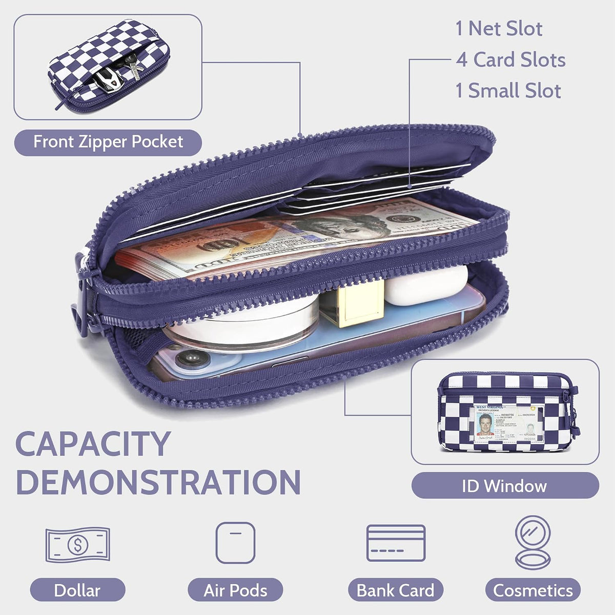 Wristlet wallets for Women RFID crossbody bags with 4 Zippers