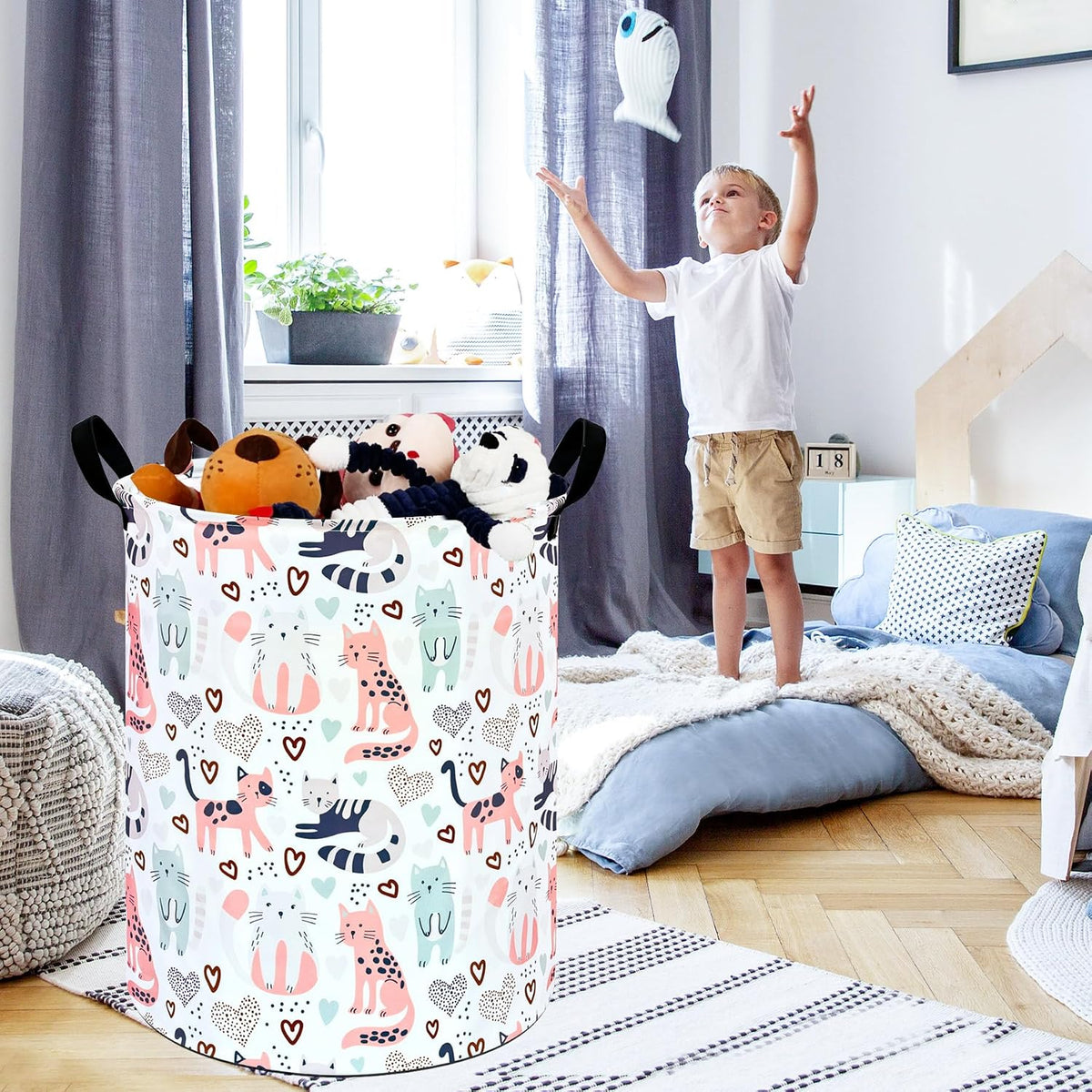 Kids Laundry Hamper Clothes Gift Basket Storage Laundry Baskets Organizer Bin with Handles for Nursery Room (Excavator)