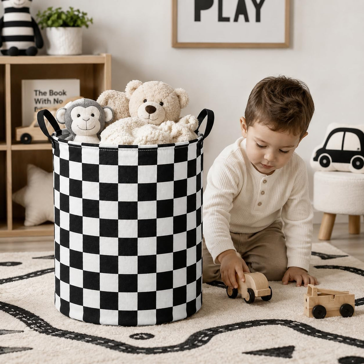Kids Laundry Hamper Clothes Gift Basket Storage Laundry Baskets Organizer Bin with Handles for Nursery Room (Excavator)