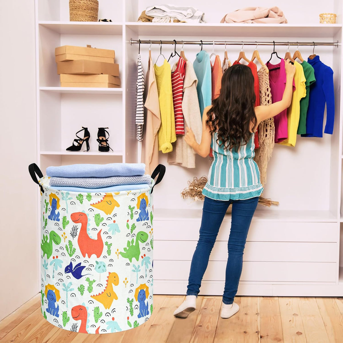 Kids Laundry Hamper Clothes Gift Basket Storage Laundry Baskets Organizer Bin with Handles for Nursery Room (Excavator)