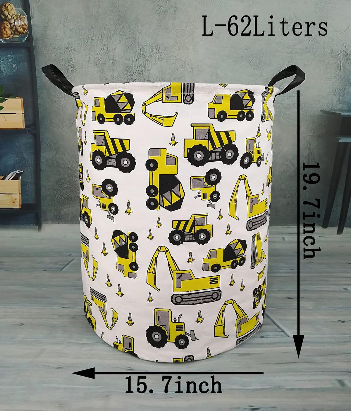 Kids Laundry Hamper Clothes Gift Basket Storage Laundry Baskets Organizer Bin with Handles for Nursery Room (Excavator)