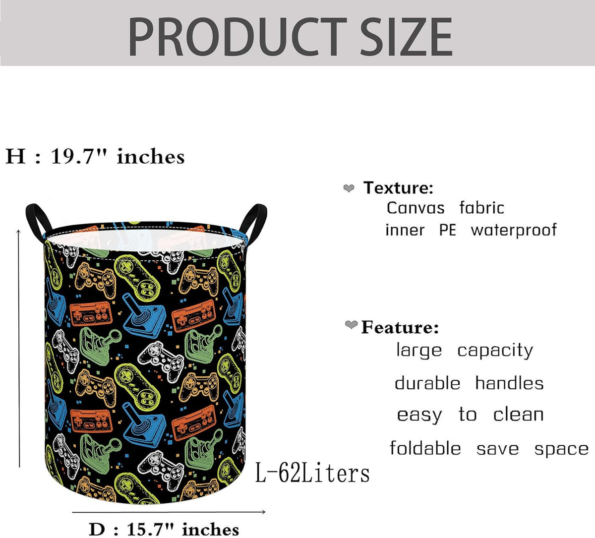 Kids Laundry Hamper Clothes Gift Basket Storage Laundry Baskets Organizer Bin with Handles for Nursery Room (Excavator)