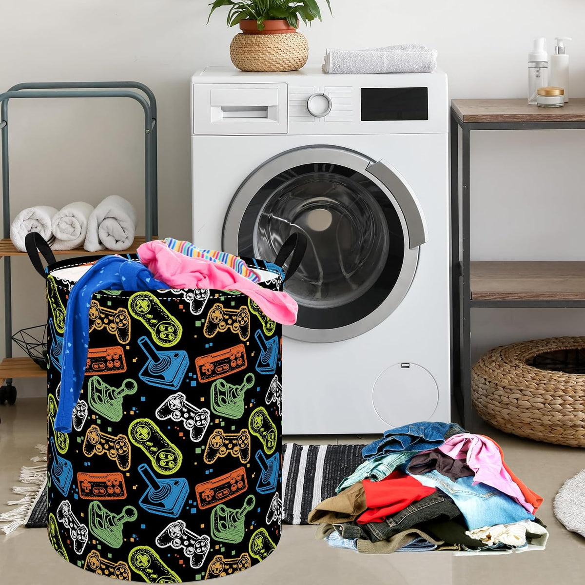 Kids Laundry Hamper Clothes Gift Basket Storage Laundry Baskets Organizer Bin with Handles for Nursery Room (Excavator)