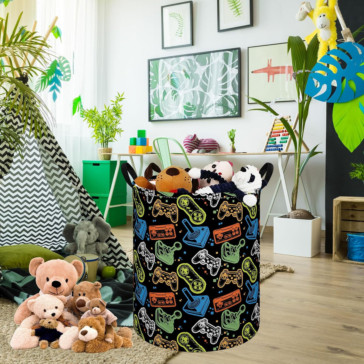 Kids Laundry Hamper Clothes Gift Basket Storage Laundry Baskets Organizer Bin with Handles for Nursery Room (Excavator)