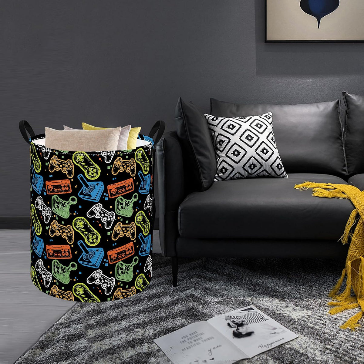 Kids Laundry Hamper Clothes Gift Basket Storage Laundry Baskets Organizer Bin with Handles for Nursery Room (Excavator)