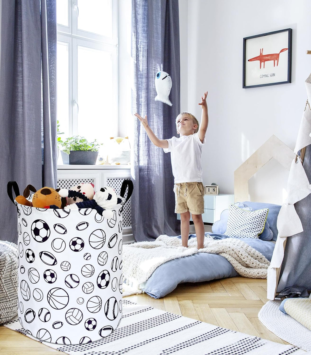 Kids Laundry Hamper Clothes Gift Basket Storage Laundry Baskets Organizer Bin with Handles for Nursery Room (Excavator)