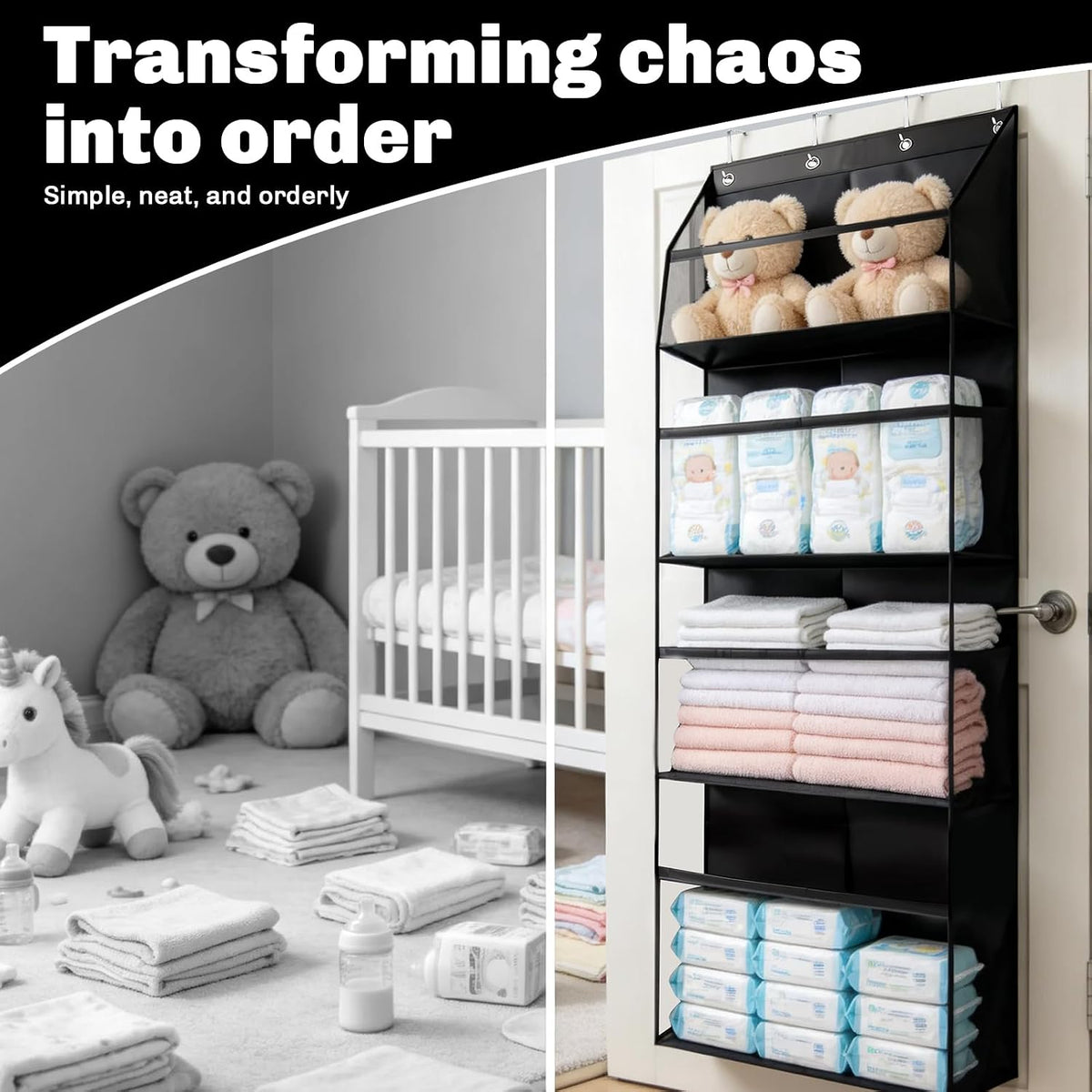 Thickened Plush Toy Storage Rack, Four-Tier Extra-Large Door Back-Hanging Shelf, Oxford Cloth + Transparent Window, for hanging plush toys, also suitable for storing diapers and baby supplies, Black