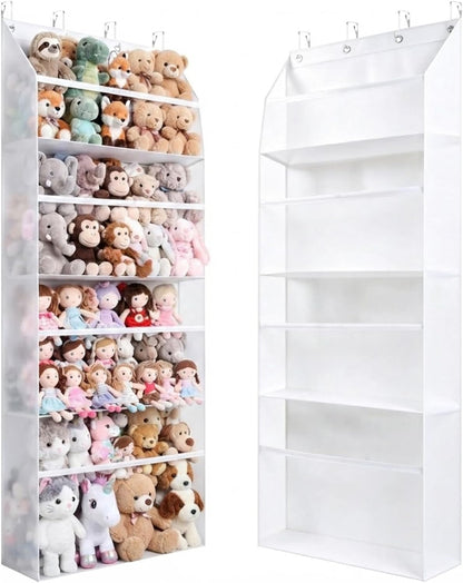 Thickened Plush Toy Storage Rack, Four-Tier Extra-Large Door Back-Hanging Shelf, Oxford Cloth + Transparent Window, for hanging plush toys, also suitable for storing diapers and baby supplies, Black