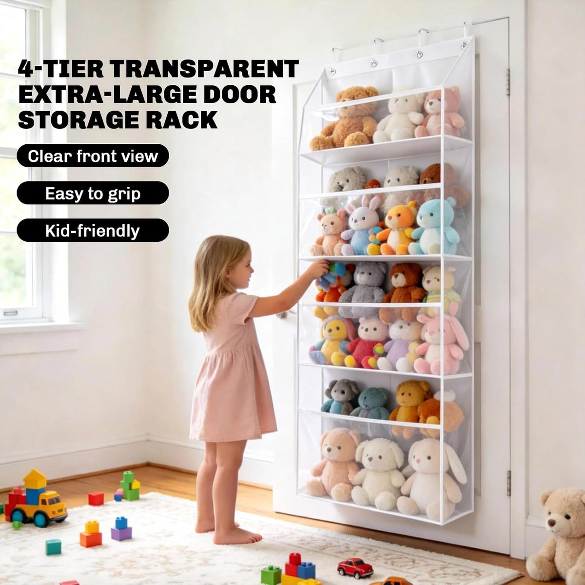 Thickened Plush Toy Storage Rack, Four-Tier Extra-Large Door Back-Hanging Shelf, Oxford Cloth + Transparent Window, for hanging plush toys, also suitable for storing diapers and baby supplies, Black
