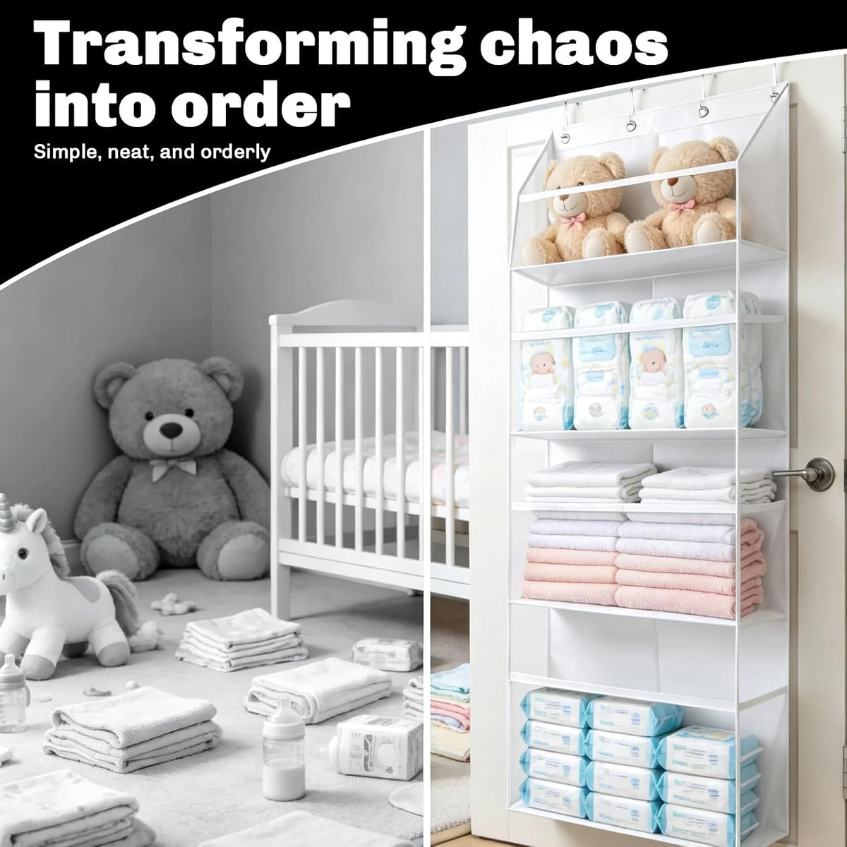 Thickened Plush Toy Storage Rack, Four-Tier Extra-Large Door Back-Hanging Shelf, Oxford Cloth + Transparent Window, for hanging plush toys, also suitable for storing diapers and baby supplies, Black