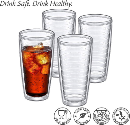 Alaska - 24-Ounce Insulated Tumblers (Set of 4), Double-Wall Drinking Glasses, Mixed-Color Reusable Cups, BPA-Free, Shatter-Proof, Dishwasher-Safe