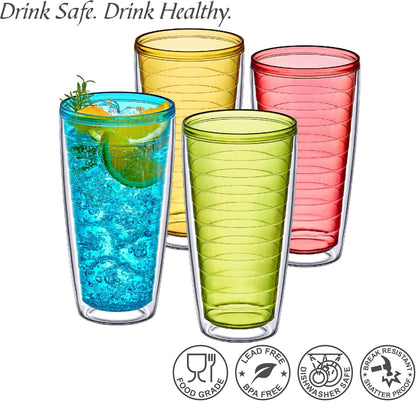 Alaska - 24-Ounce Insulated Tumblers (Set of 4), Double-Wall Drinking Glasses, Mixed-Color Reusable Cups, BPA-Free, Shatter-Proof, Dishwasher-Safe