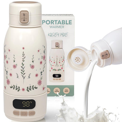 Portable Bottle Warmer for Travel – Precise Heating for Breastmilk & Formula - Fast 3-Minute Heating, USB Rechargeable, Baby Milk & Formula Warmer On the Go, Long Battery, Floral, 17oz