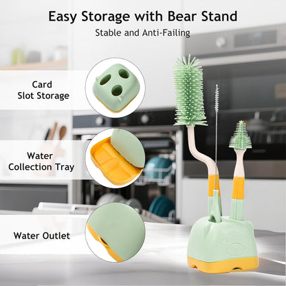 3 in 1 Baby Silicone Bottle Brush Set, Multipurpose Bottle Cleaner, Bottle Brush with Storage Holder, Food Grade Silicone, Effortless Scrubbing, Baby Bottle Cleaning Brush (Green)