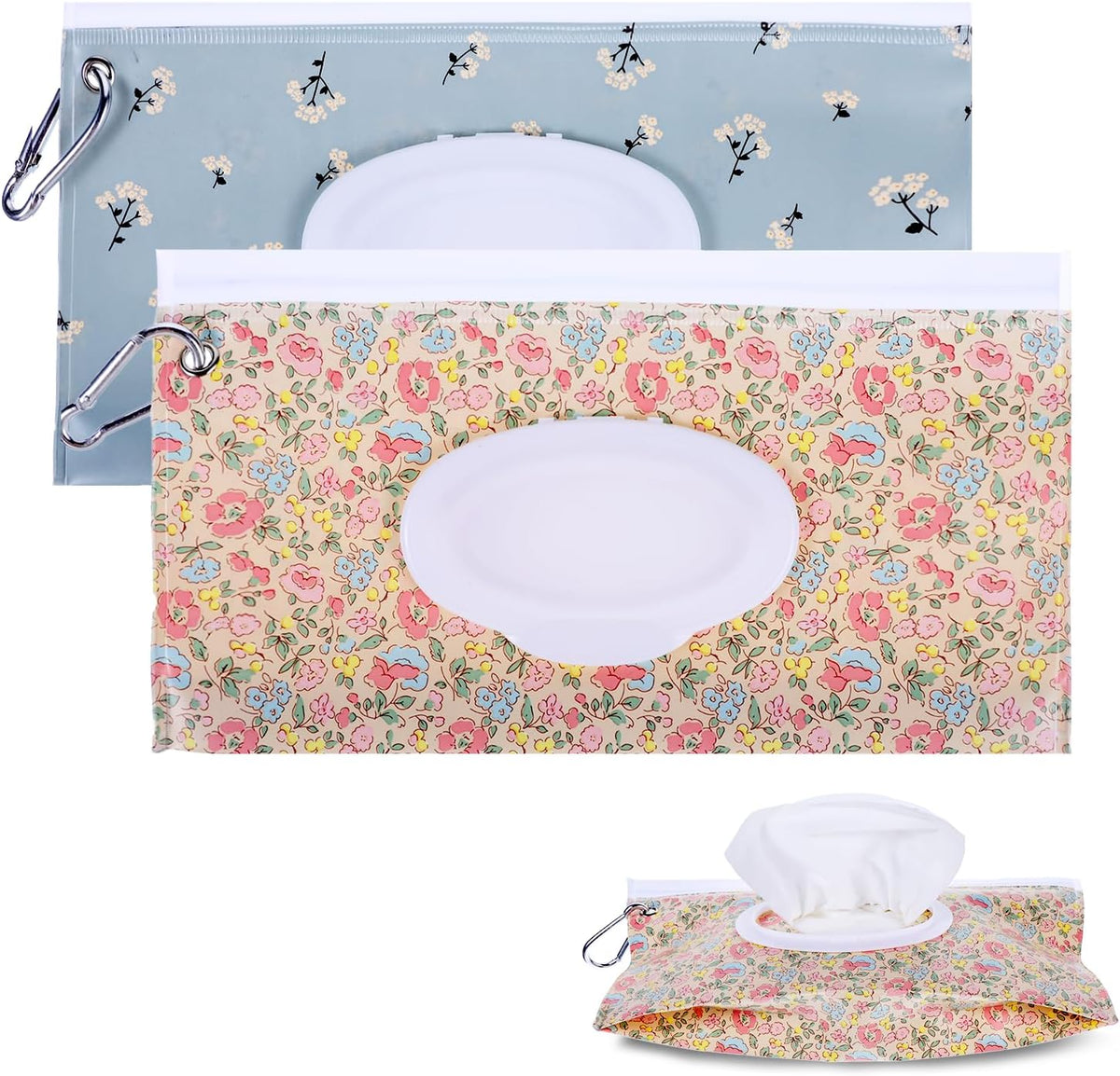 2 Pack Baby Wipe Container with Hook, Portable Refillable Wipe Holder Floral Pattern Reusable Travel Baby Wipes Dispenser Wet Wipe Pouch for Outdoor Outing Camping Hiking Shopping(Flower)