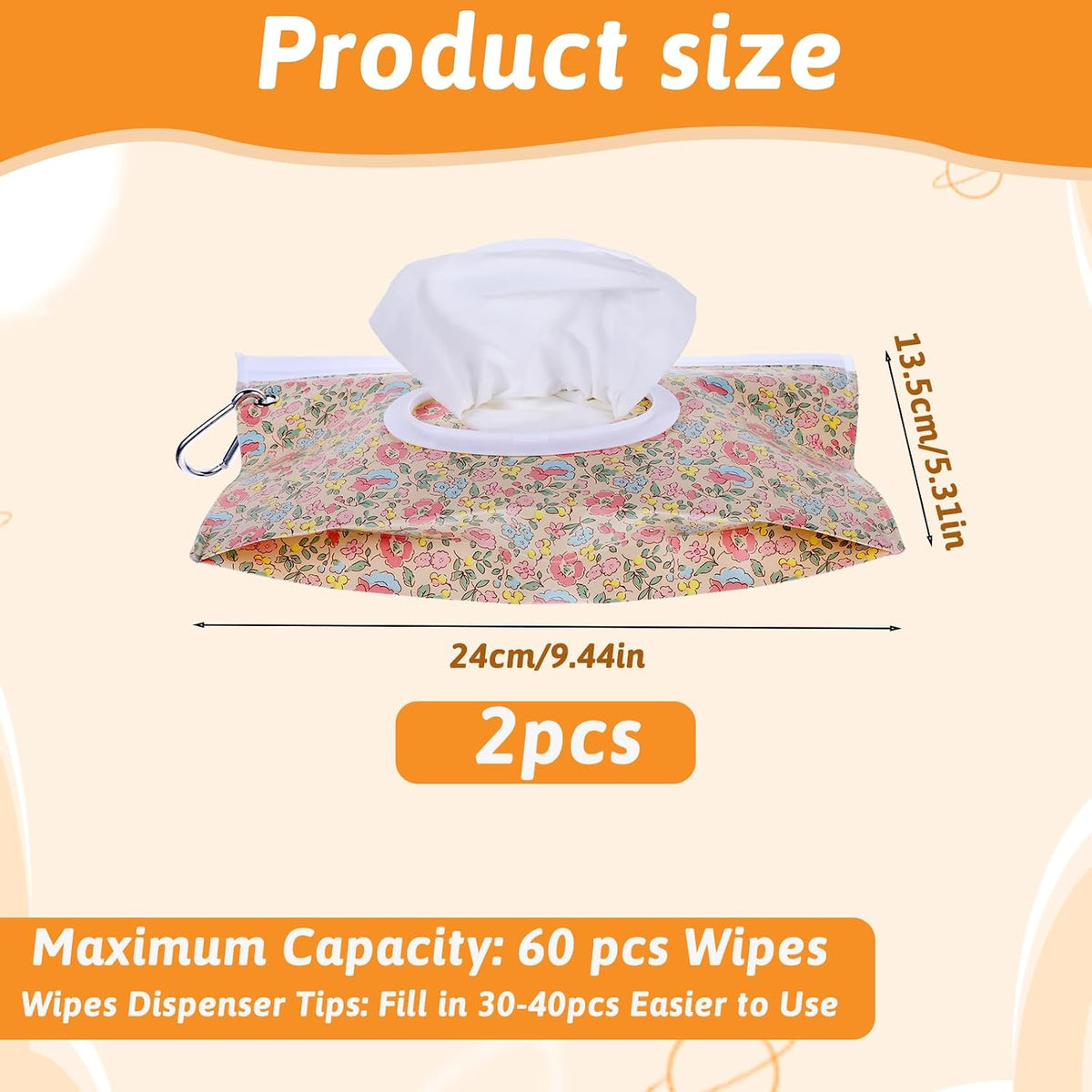 2 Pack Baby Wipe Container with Hook, Portable Refillable Wipe Holder Floral Pattern Reusable Travel Baby Wipes Dispenser Wet Wipe Pouch for Outdoor Outing Camping Hiking Shopping(Flower)