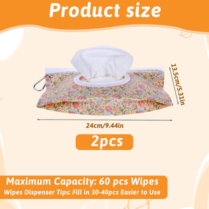 2 Pack Baby Wipe Container with Hook, Portable Refillable Wipe Holder Floral Pattern Reusable Travel Baby Wipes Dispenser Wet Wipe Pouch for Outdoor Outing Camping Hiking Shopping(Flower)