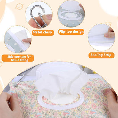 2 Pack Baby Wipe Container with Hook, Portable Refillable Wipe Holder Floral Pattern Reusable Travel Baby Wipes Dispenser Wet Wipe Pouch for Outdoor Outing Camping Hiking Shopping(Flower)