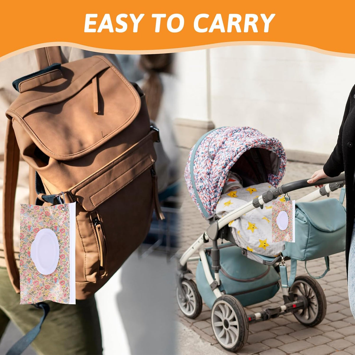 2 Pack Baby Wipe Container with Hook, Portable Refillable Wipe Holder Floral Pattern Reusable Travel Baby Wipes Dispenser Wet Wipe Pouch for Outdoor Outing Camping Hiking Shopping(Flower)