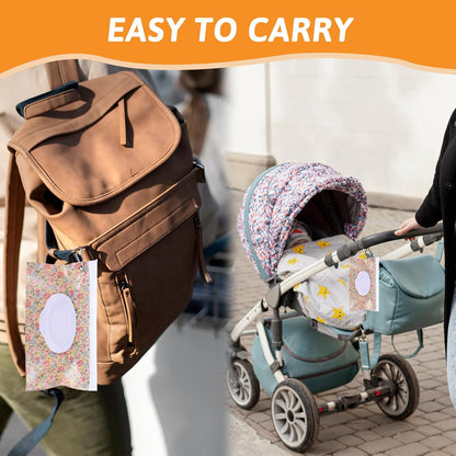 2 Pack Baby Wipe Container with Hook, Portable Refillable Wipe Holder Floral Pattern Reusable Travel Baby Wipes Dispenser Wet Wipe Pouch for Outdoor Outing Camping Hiking Shopping(Flower)