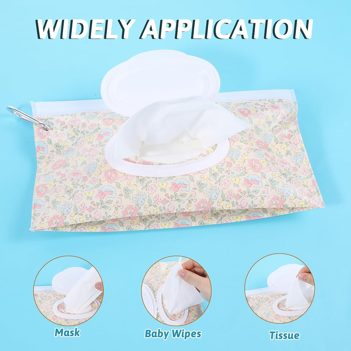 2 Pack Baby Wipe Container with Hook, Portable Refillable Wipe Holder Floral Pattern Reusable Travel Baby Wipes Dispenser Wet Wipe Pouch for Outdoor Outing Camping Hiking Shopping(Flower)