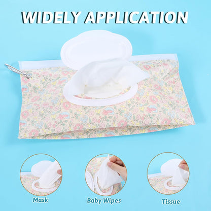 2 Pack Baby Wipe Container with Hook, Portable Refillable Wipe Holder Floral Pattern Reusable Travel Baby Wipes Dispenser Wet Wipe Pouch for Outdoor Outing Camping Hiking Shopping(Flower)