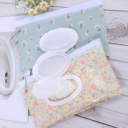 2 Pack Baby Wipe Container with Hook, Portable Refillable Wipe Holder Floral Pattern Reusable Travel Baby Wipes Dispenser Wet Wipe Pouch for Outdoor Outing Camping Hiking Shopping(Flower)