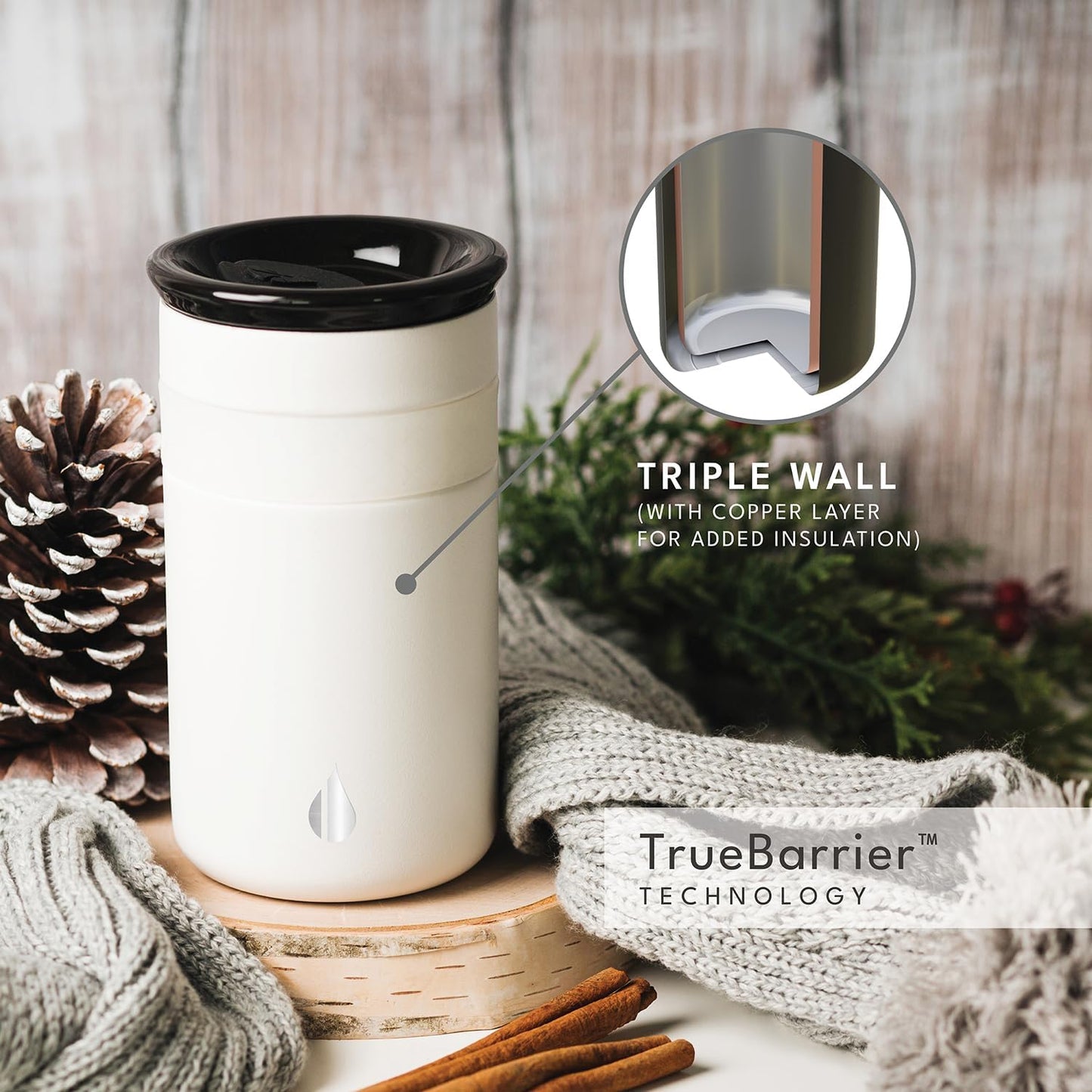Artisan Insulated Tumbler, Triple Wall Coffee Travel Mug, Reusable Stainless Steel Coffee Tumbler with Ceramic Lid, Thermal Coffee Cups for Hot (6 Hrs) & Cold (18 Hrs), 16oz - Beige