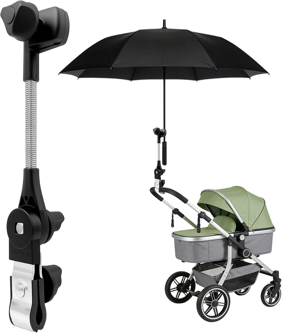 Umbrella Holder for Stroller, 360° Adjustable Universal Umbrella Mount Clamp for Camping Chair, Wheelchair, Beach Chair & Golf Cart, Scratch-Free Secure Grip