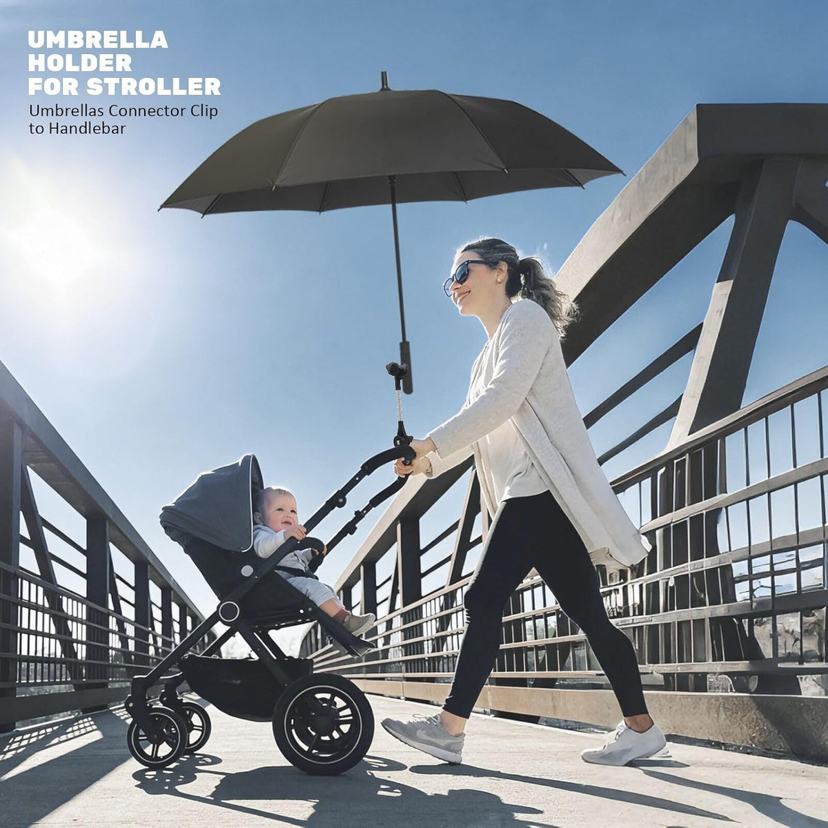 Umbrella Holder for Stroller, 360° Adjustable Universal Umbrella Mount Clamp for Camping Chair, Wheelchair, Beach Chair & Golf Cart, Scratch-Free Secure Grip