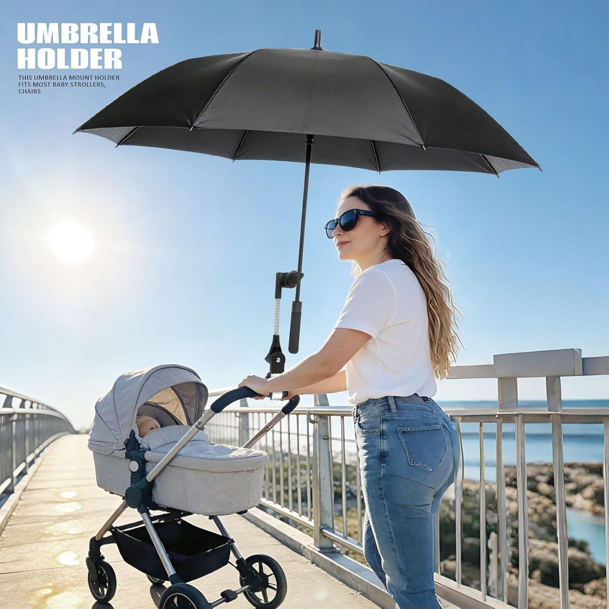 Umbrella Holder for Stroller, 360° Adjustable Universal Umbrella Mount Clamp for Camping Chair, Wheelchair, Beach Chair & Golf Cart, Scratch-Free Secure Grip