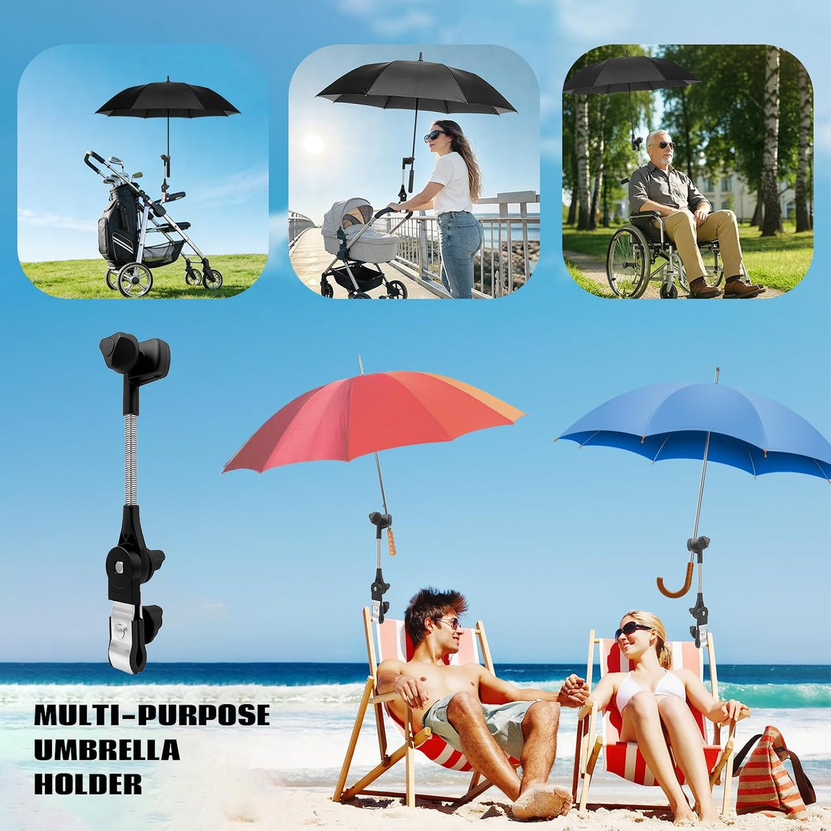 Umbrella Holder for Stroller, 360° Adjustable Universal Umbrella Mount Clamp for Camping Chair, Wheelchair, Beach Chair & Golf Cart, Scratch-Free Secure Grip