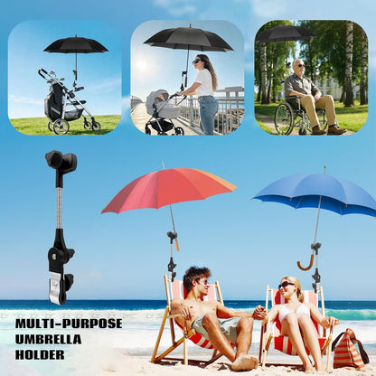 Umbrella Holder for Stroller, 360° Adjustable Universal Umbrella Mount Clamp for Camping Chair, Wheelchair, Beach Chair & Golf Cart, Scratch-Free Secure Grip