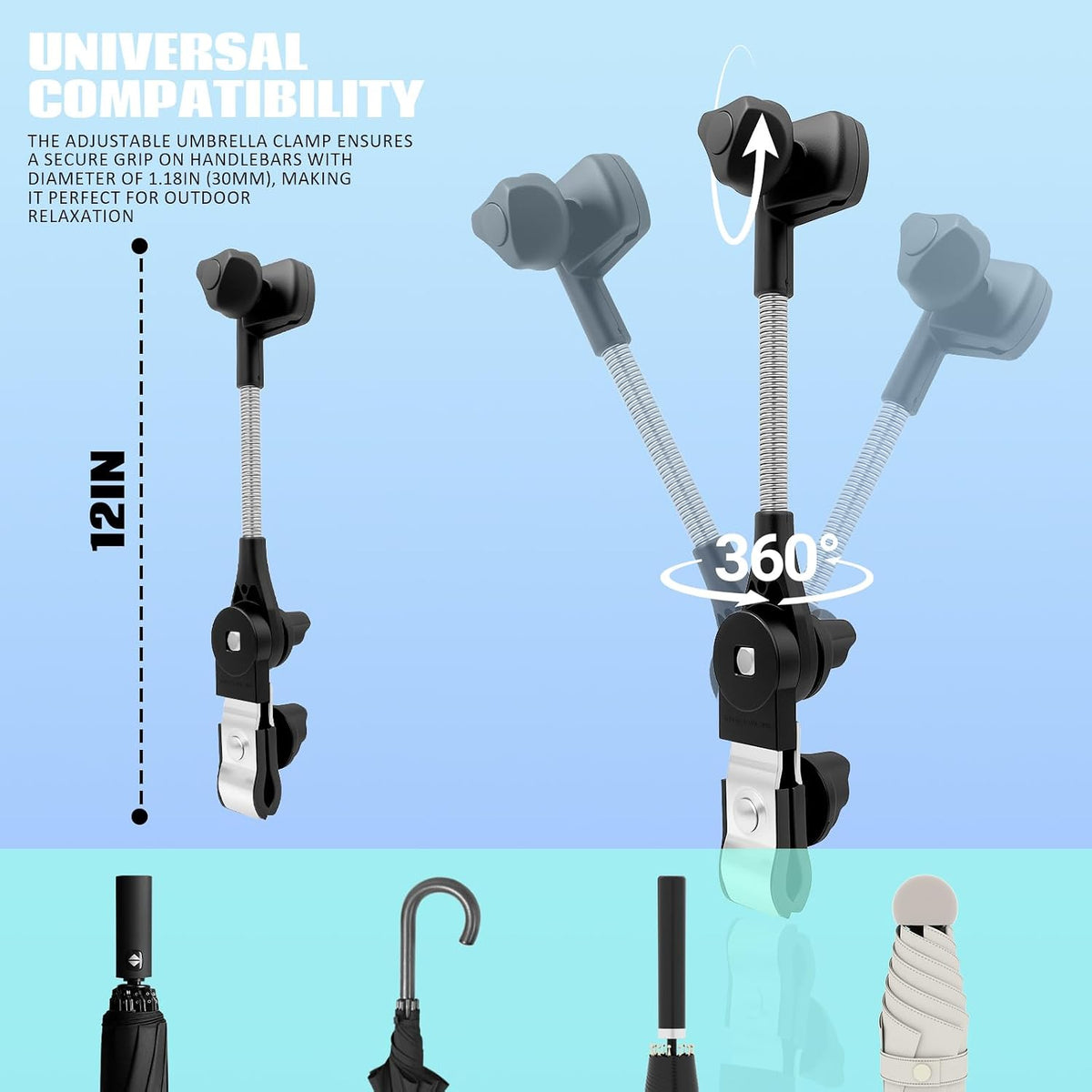 Umbrella Holder for Stroller, 360° Adjustable Universal Umbrella Mount Clamp for Camping Chair, Wheelchair, Beach Chair & Golf Cart, Scratch-Free Secure Grip