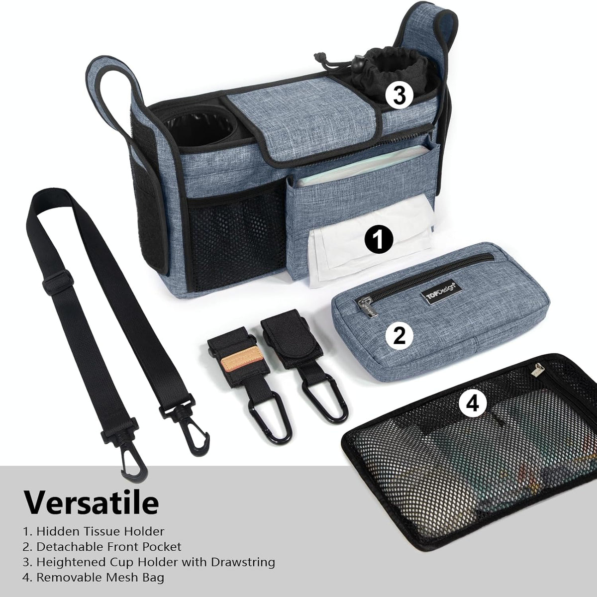 Universal Baby Stroller Organizer, Stroller Caddy with Detachable Mesh Bag & Heightened Insulated Cup Holders & Non-Slip Secure Hooks Accessories, Fits Most Strollers (Black) - Colors B