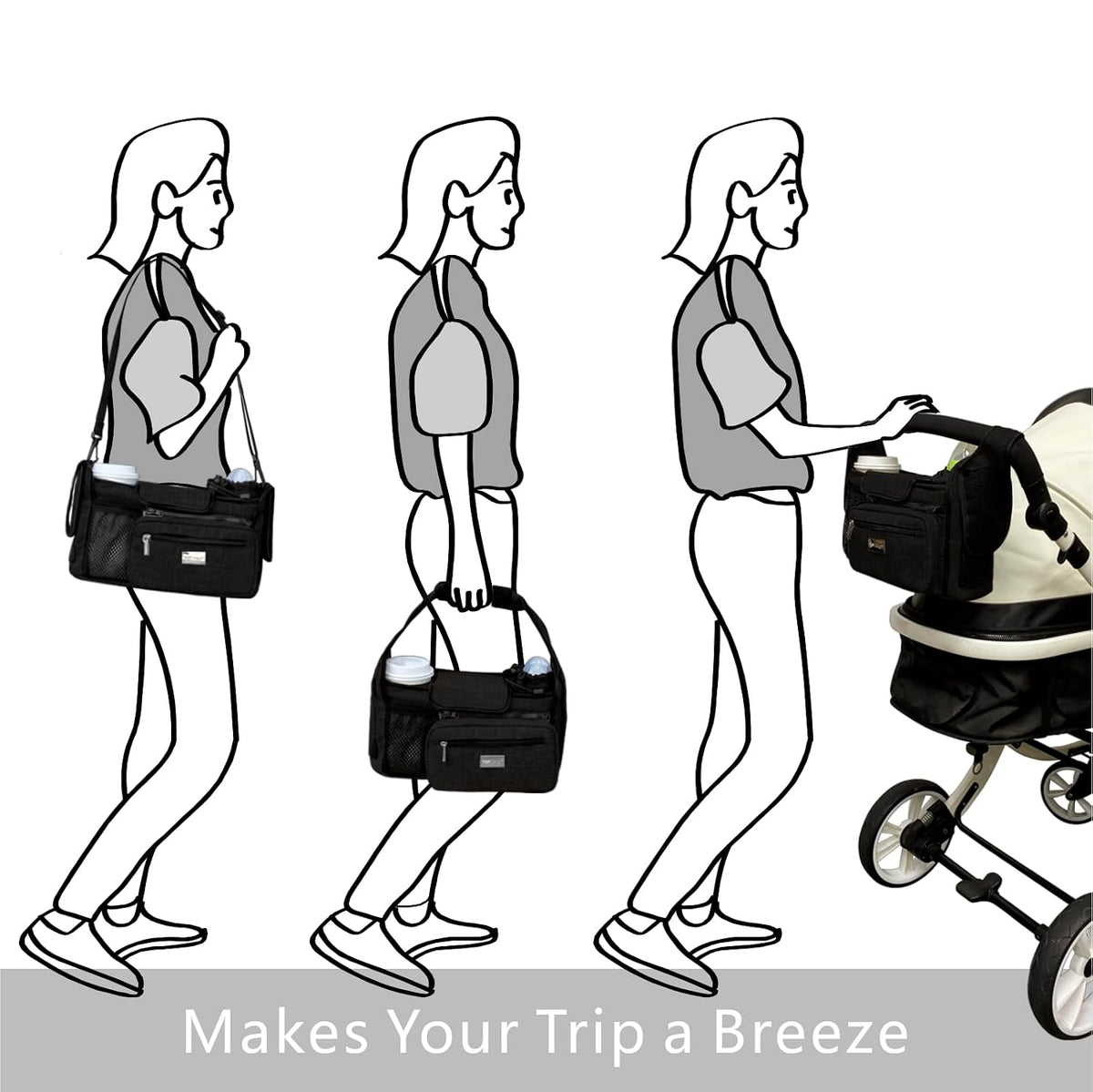 Universal Baby Stroller Organizer, Stroller Caddy with Detachable Mesh Bag & Heightened Insulated Cup Holders & Non-Slip Secure Hooks Accessories, Fits Most Strollers (Black) - Colors B