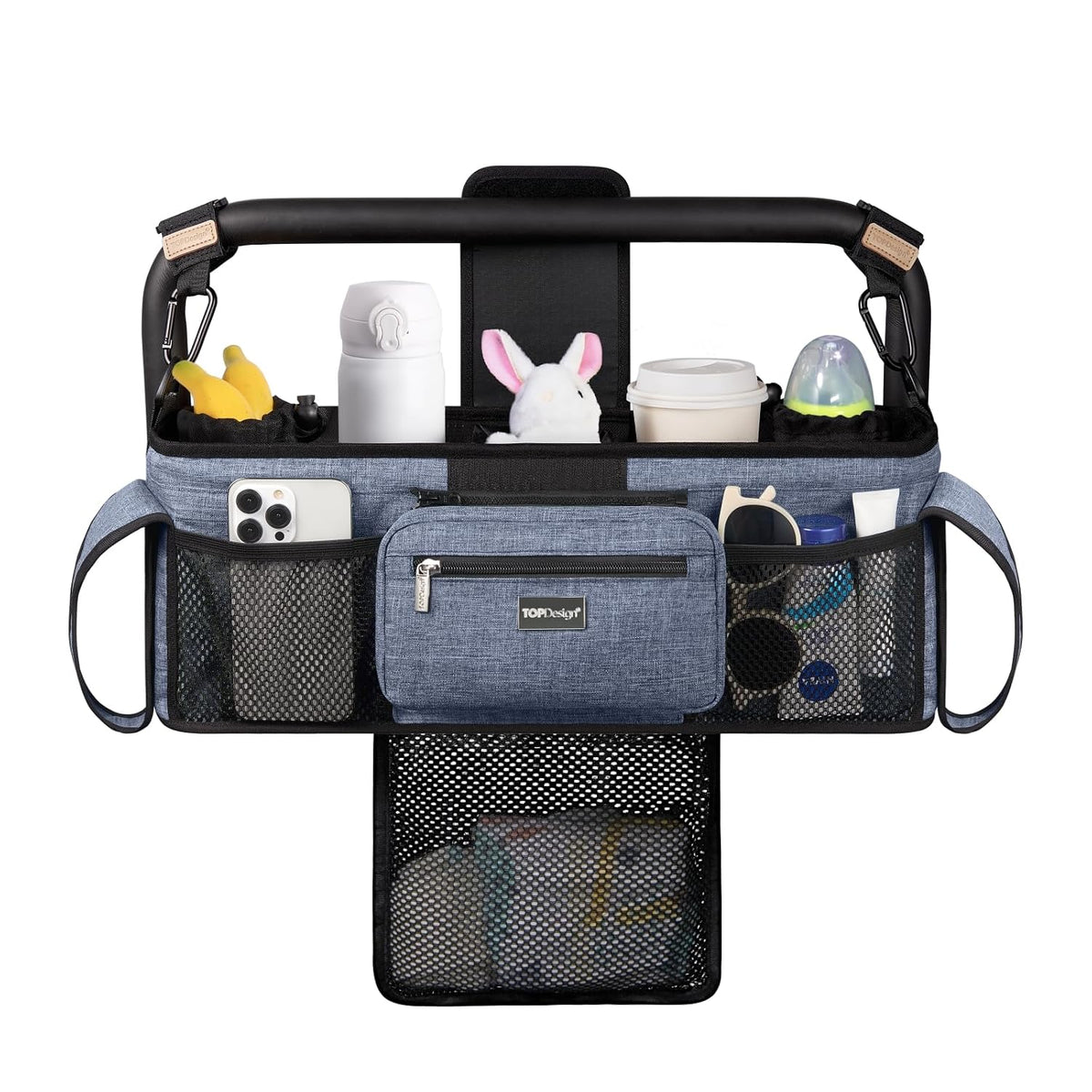 Universal Baby Stroller Organizer, Stroller Caddy with Detachable Mesh Bag & Heightened Insulated Cup Holders & Non-Slip Secure Hooks Accessories, Fits Most Strollers (Black) - Colors B