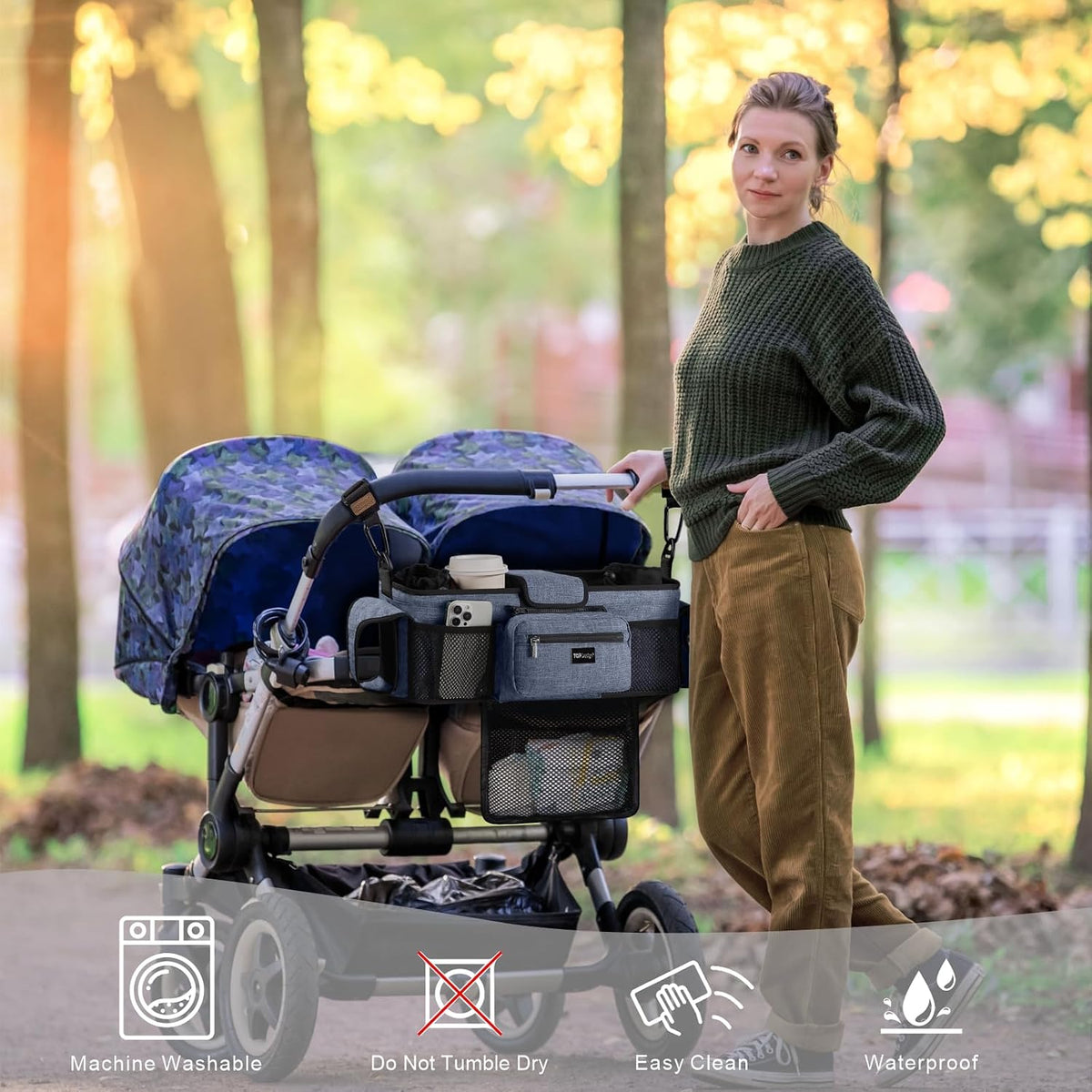 Universal Baby Stroller Organizer, Stroller Caddy with Detachable Mesh Bag & Heightened Insulated Cup Holders & Non-Slip Secure Hooks Accessories, Fits Most Strollers (Black) - Colors B