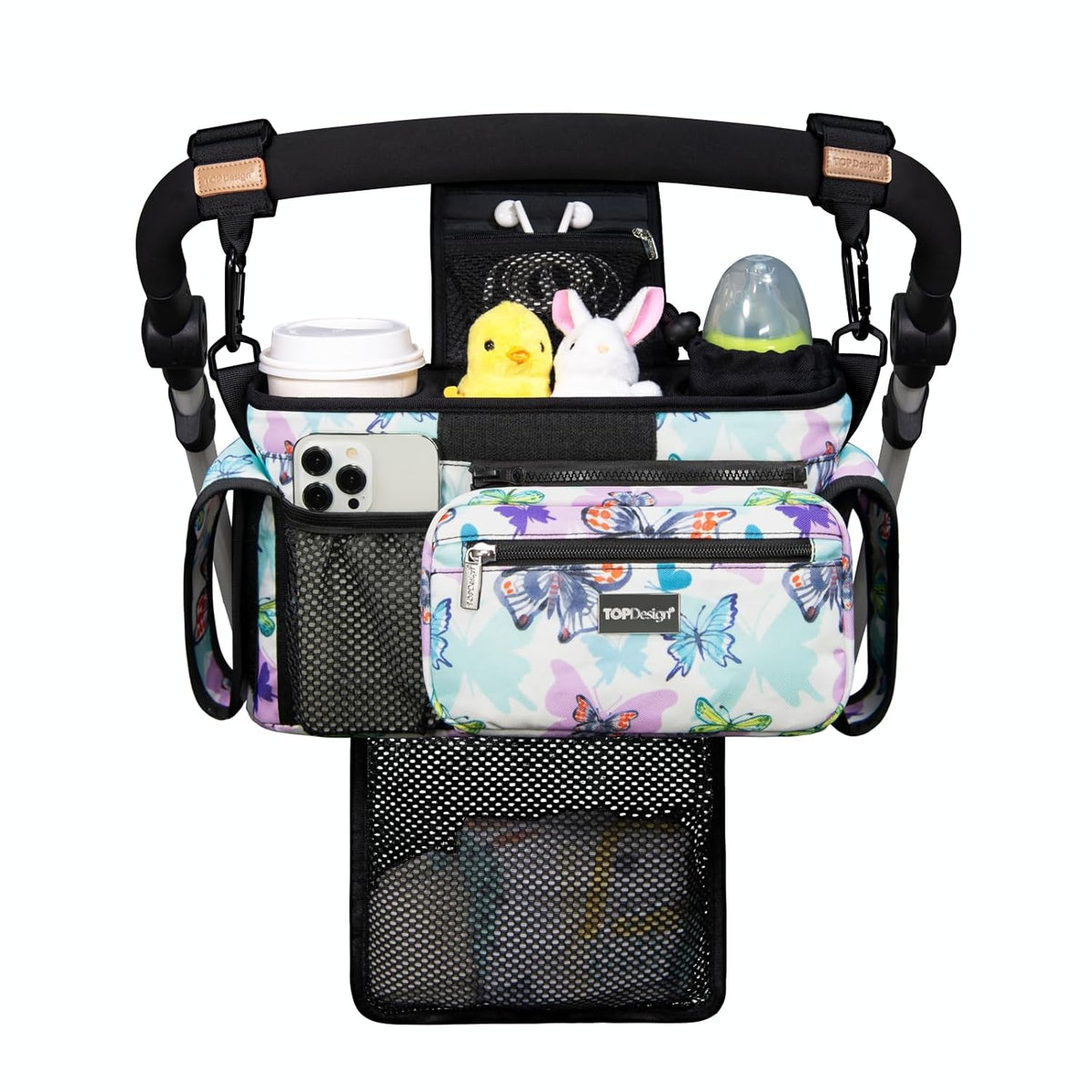 Universal Baby Stroller Organizer, Stroller Caddy with Detachable Mesh Bag & Heightened Insulated Cup Holders & Non-Slip Secure Hooks Accessories, Fits Most Strollers (Black) - Colors B