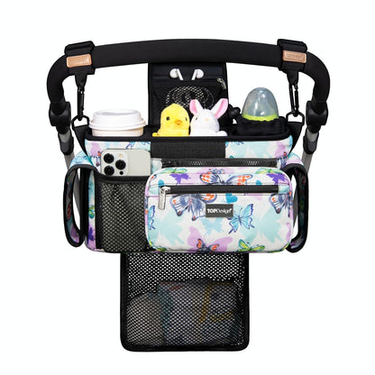 Universal Baby Stroller Organizer, Stroller Caddy with Detachable Mesh Bag & Heightened Insulated Cup Holders & Non-Slip Secure Hooks Accessories, Fits Most Strollers (Black) - Colors B