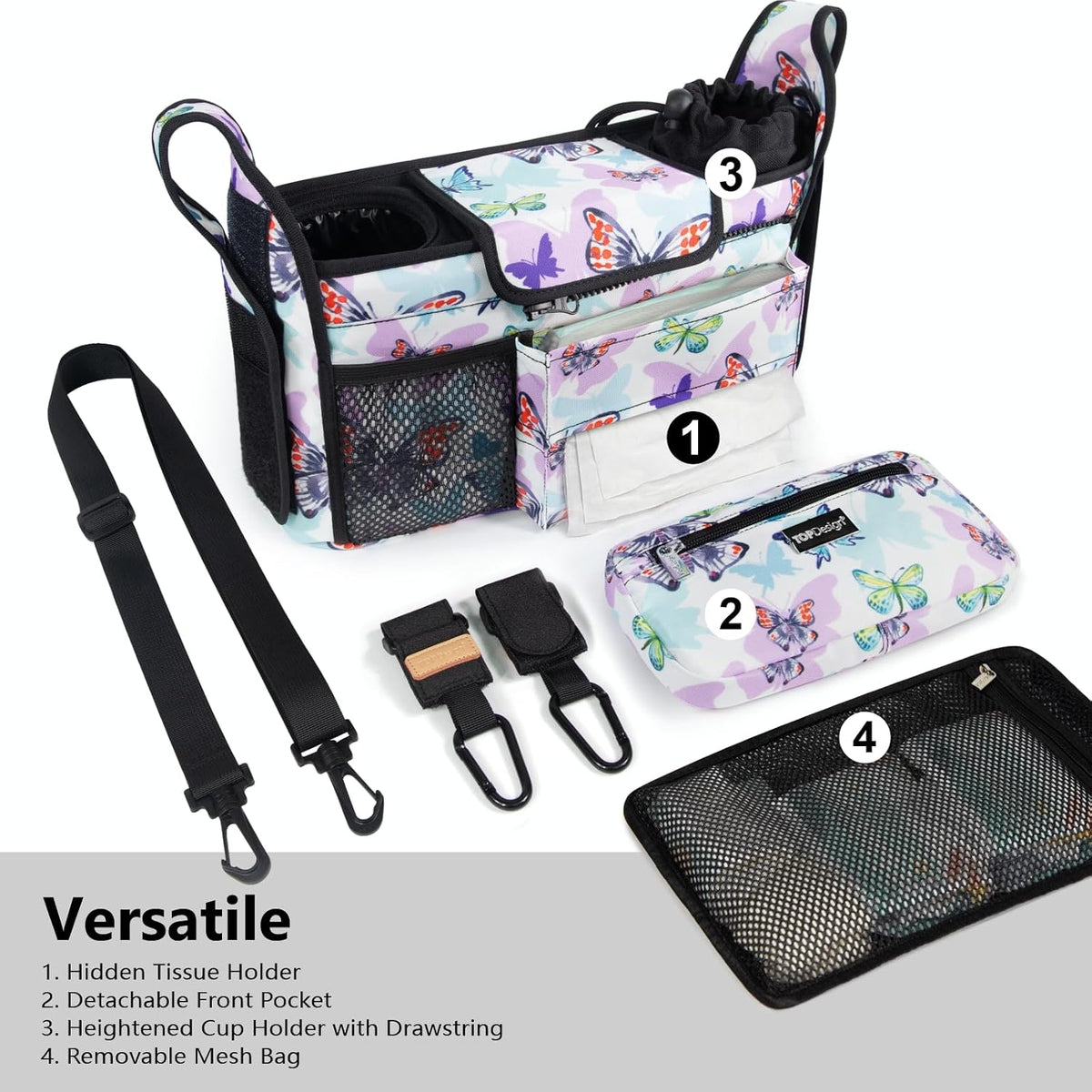 Universal Baby Stroller Organizer, Stroller Caddy with Detachable Mesh Bag & Heightened Insulated Cup Holders & Non-Slip Secure Hooks Accessories, Fits Most Strollers (Black) - Colors B