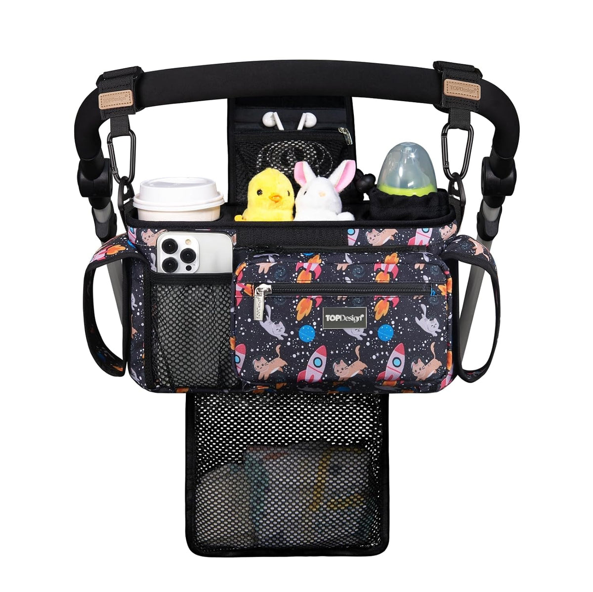 Universal Baby Stroller Organizer, Stroller Caddy with Detachable Mesh Bag & Heightened Insulated Cup Holders & Non-Slip Secure Hooks Accessories, Fits Most Strollers (Black) - Colors B