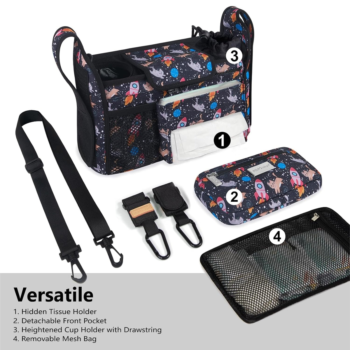 Universal Baby Stroller Organizer, Stroller Caddy with Detachable Mesh Bag & Heightened Insulated Cup Holders & Non-Slip Secure Hooks Accessories, Fits Most Strollers (Black) - Colors B