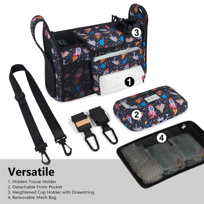 Universal Baby Stroller Organizer, Stroller Caddy with Detachable Mesh Bag & Heightened Insulated Cup Holders & Non-Slip Secure Hooks Accessories, Fits Most Strollers (Black) - Colors B