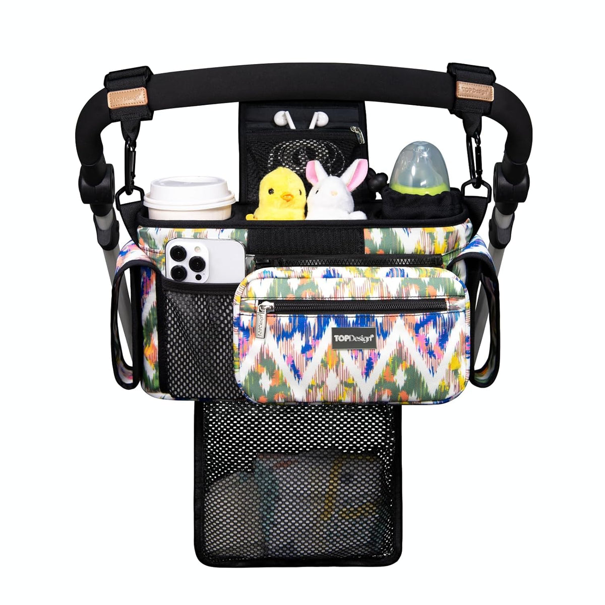Universal Baby Stroller Organizer, Stroller Caddy with Detachable Mesh Bag & Heightened Insulated Cup Holders & Non-Slip Secure Hooks Accessories, Fits Most Strollers (Black) - Colors B