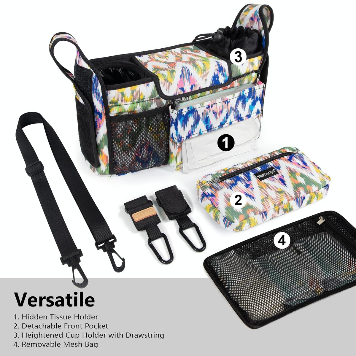 Universal Baby Stroller Organizer, Stroller Caddy with Detachable Mesh Bag & Heightened Insulated Cup Holders & Non-Slip Secure Hooks Accessories, Fits Most Strollers (Black) - Colors B