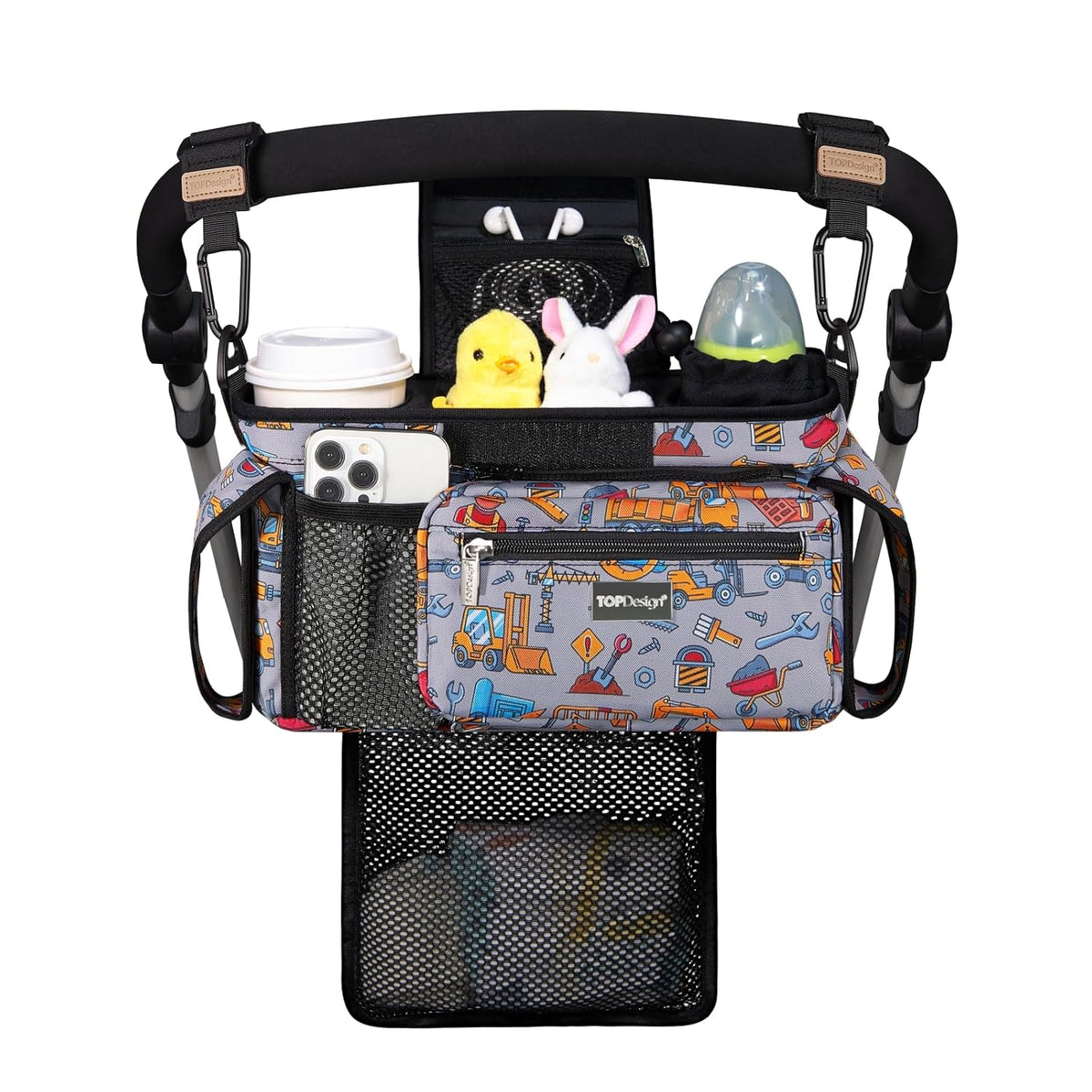 Universal Baby Stroller Organizer, Stroller Caddy with Detachable Mesh Bag & Heightened Insulated Cup Holders & Non-Slip Secure Hooks Accessories, Fits Most Strollers (Black) - Colors B