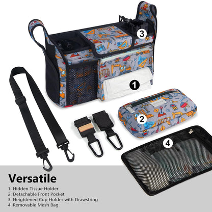 Universal Baby Stroller Organizer, Stroller Caddy with Detachable Mesh Bag & Heightened Insulated Cup Holders & Non-Slip Secure Hooks Accessories, Fits Most Strollers (Black) - Colors B