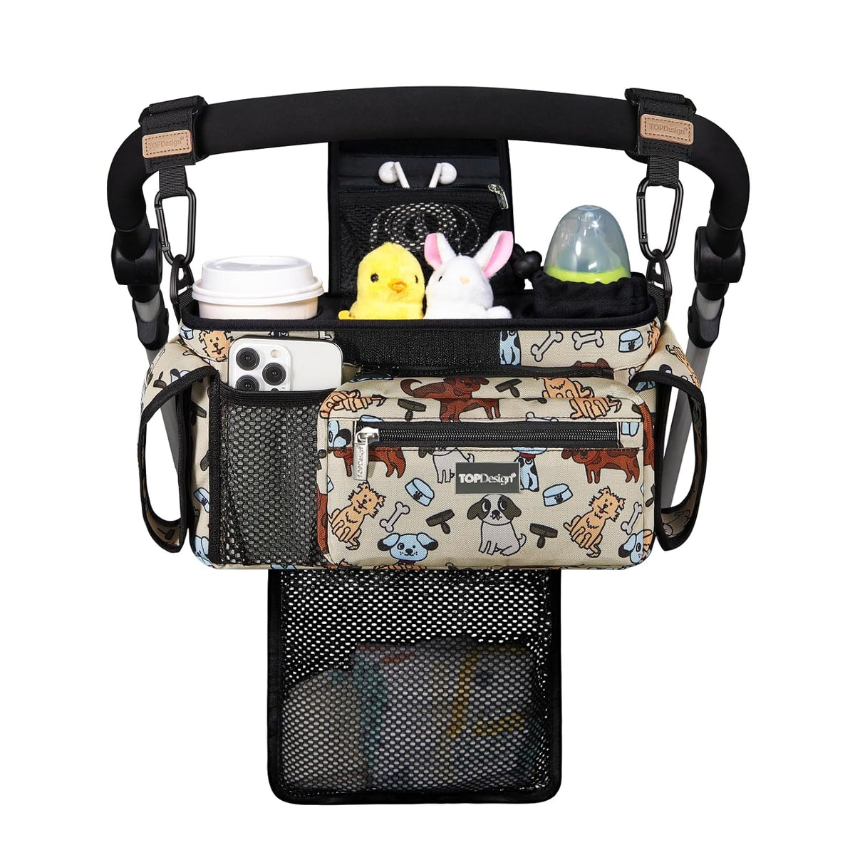 Universal Baby Stroller Organizer, Stroller Caddy with Detachable Mesh Bag & Heightened Insulated Cup Holders & Non-Slip Secure Hooks Accessories, Fits Most Strollers (Black) - Colors B